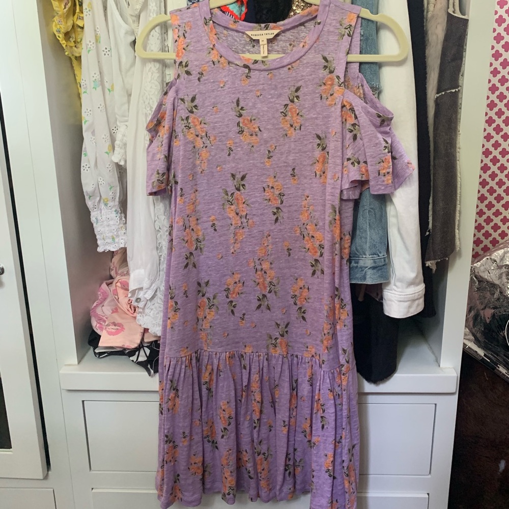 Rebecca Taylor Linen Cold Shoulder Floral Dress
